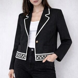 Laveer Black Cropped Blazer White Piping & Greek Key Trim Made in NYC Size 8